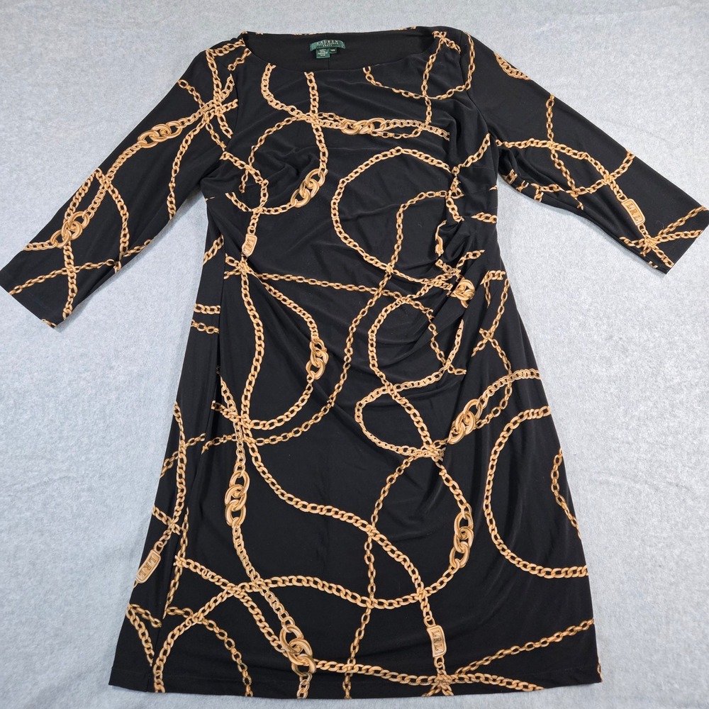 Lauren Ralph Lauren Black Gold Chain Print Ruched Sheath Dress 14W 3/4 Sleeve